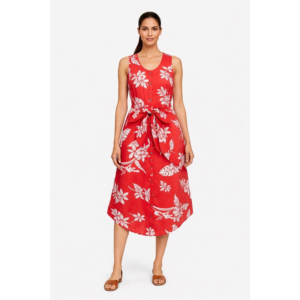 New Tommy Bahama Red Floral Button Front Dress Tie Waist Sleeveless Midi Sz S/P